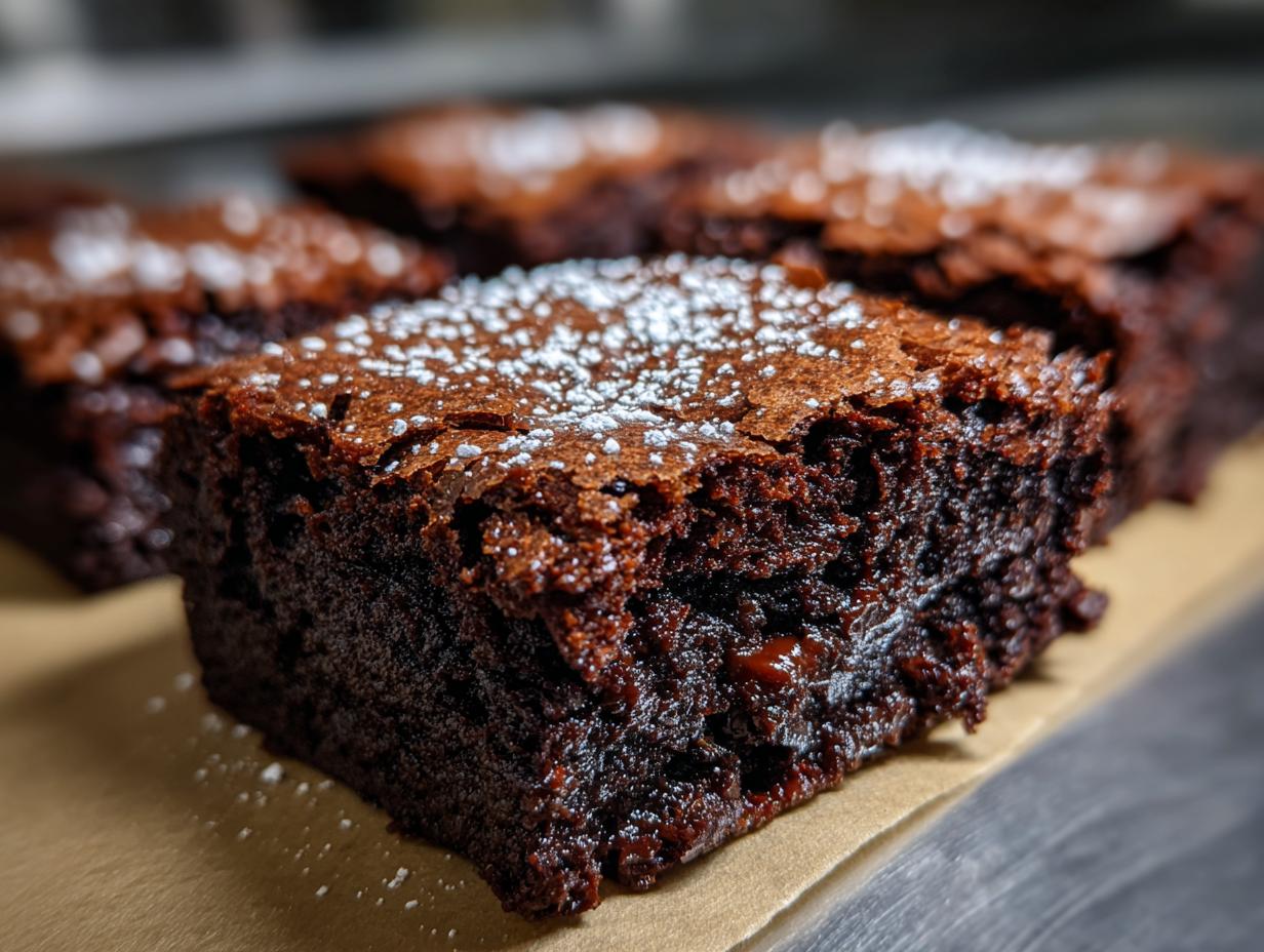 Primer plano de brownies caseros húmedos con azúcar glas espolvoreada encima.