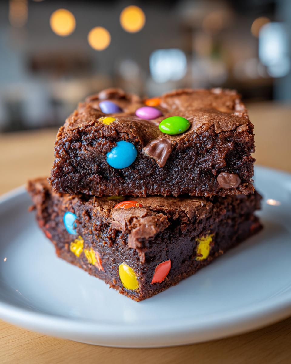 Dos brownies con mini huevos Cadbury de colores sobre un plato blanco