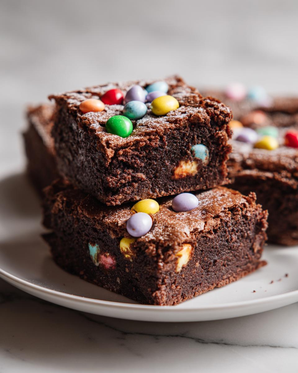 Brownies con mini huevos Cadbury de colores sobre plato blanco