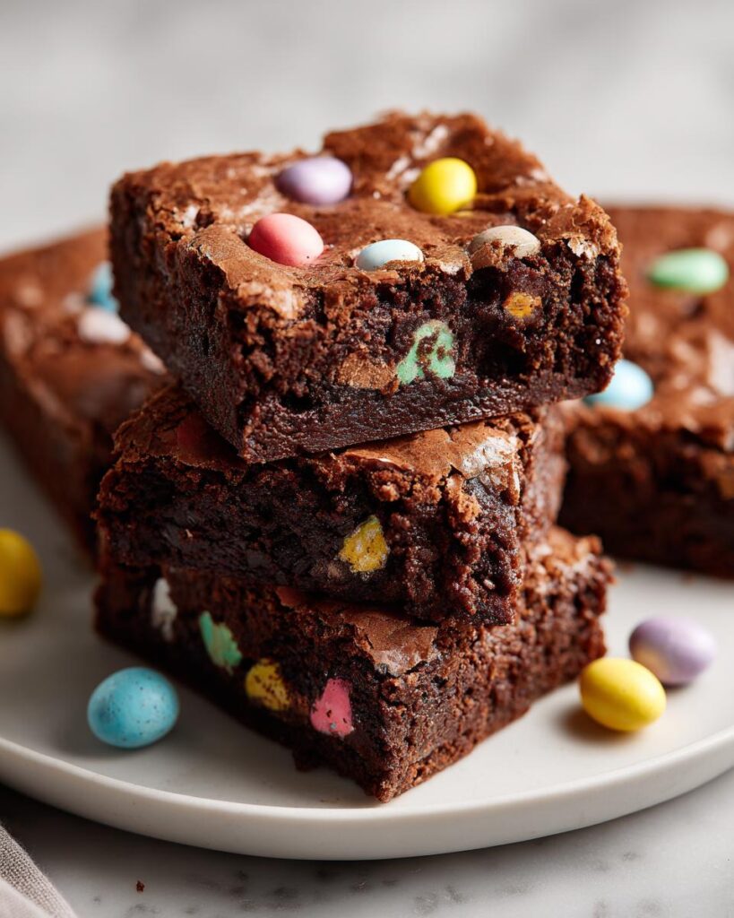 Tres brownies con mini huevos Cadbury de colores sobre un plato blanco.