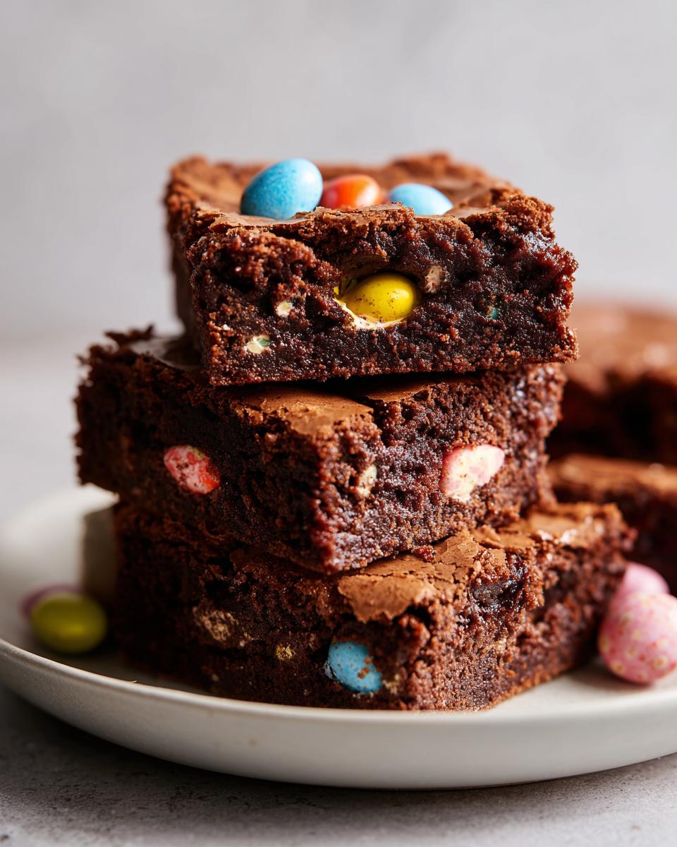 Tres brownies con mini huevos Cadbury de colores apilados en un plato blanco.