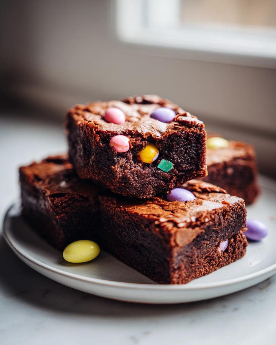 Tres brownies con mini huevos Cadbury de colores sobre un plato blanco.