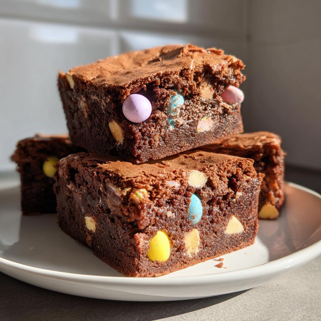 Porción de brownies con mini huevos Cadbury de colores en un plato blanco.