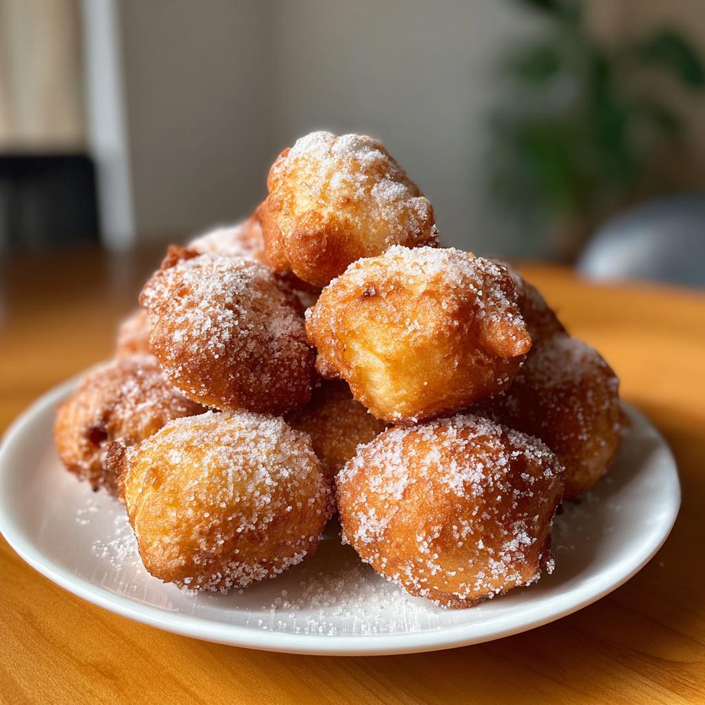 Primer plano de buñuelos de viento caseros cubiertos con azúcar en un plato blanco.