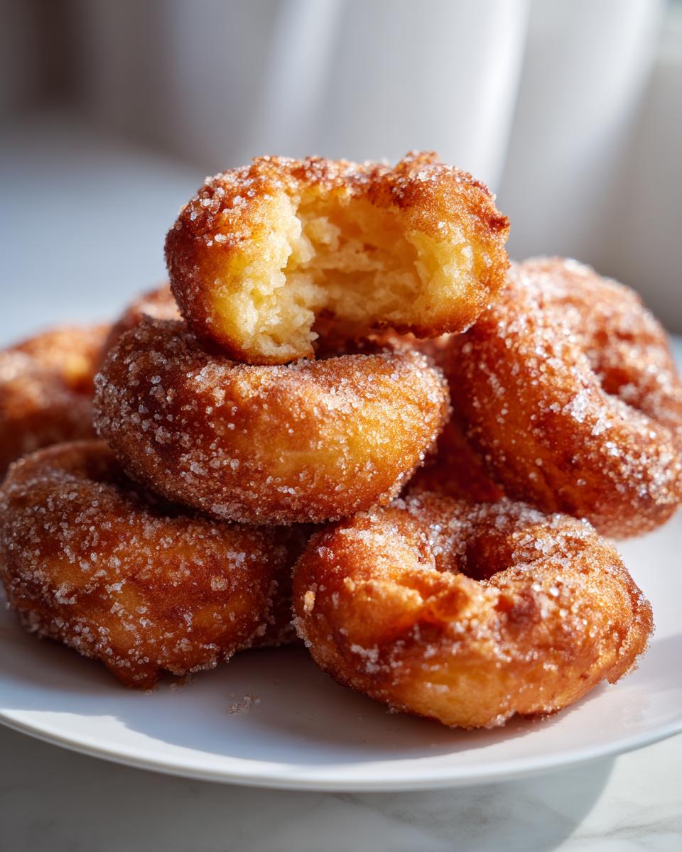 Buñuelos de viento caseros cubiertos de azúcar en un plato blanco, uno con mordida visible.