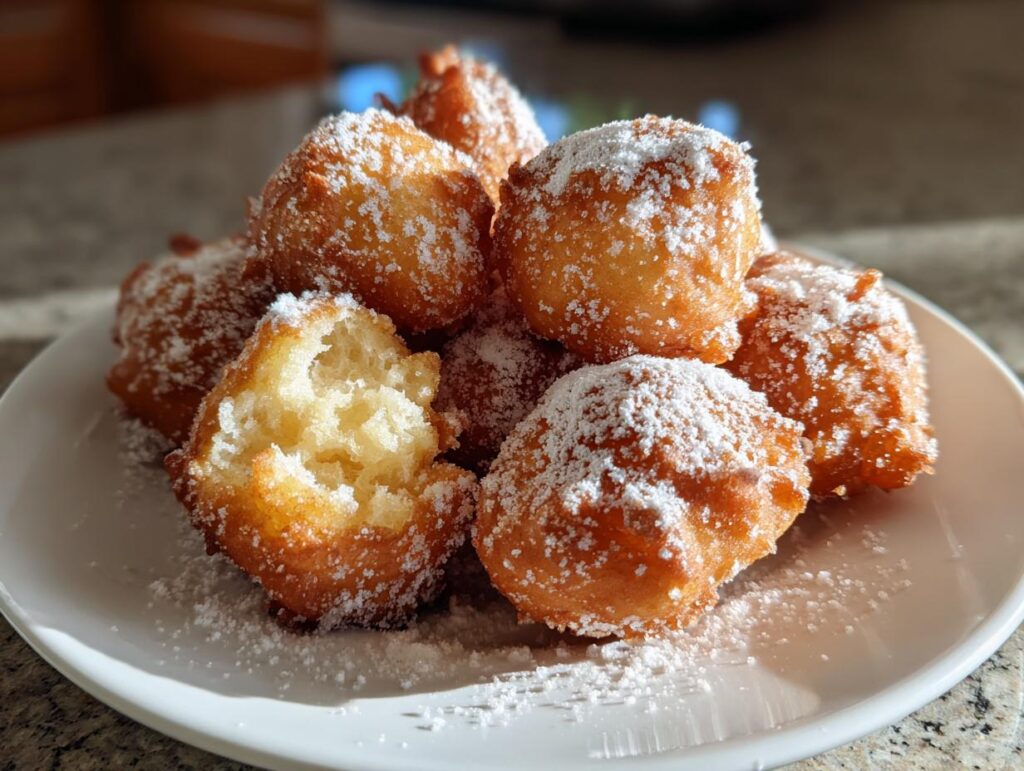 Plato con buñuelos de viento caseros espolvoreados con azúcar glass, uno partido mostrando su interior esponjoso.