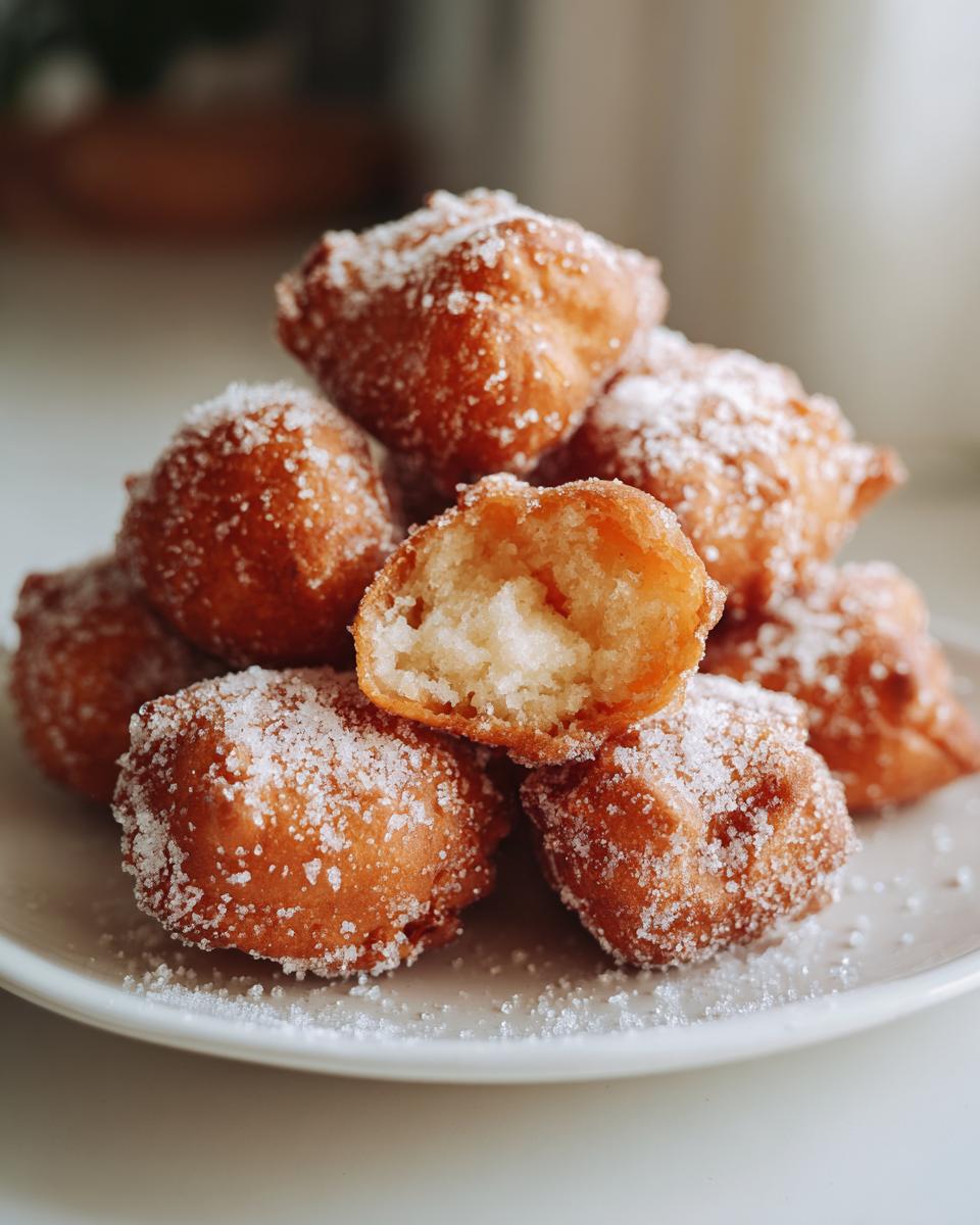 Montón de buñuelos de viento caseros cubiertos con azúcar en un plato blanco.