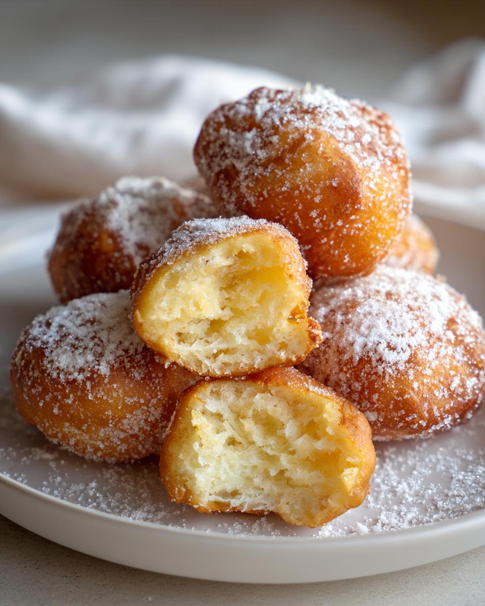 Buñuelos de viento caseros espolvoreados con azúcar glas en un plato blanco