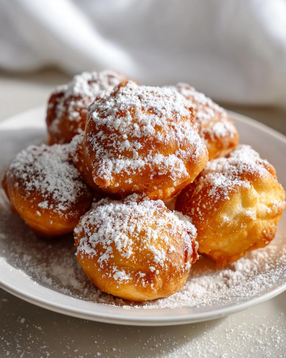 Buñuelos de viento cubiertos con azúcar glas en un plato blanco.