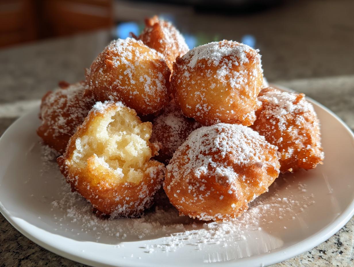 Plato con buñuelos de viento caseros espolvoreados con azúcar glass, uno partido mostrando su interior esponjoso.