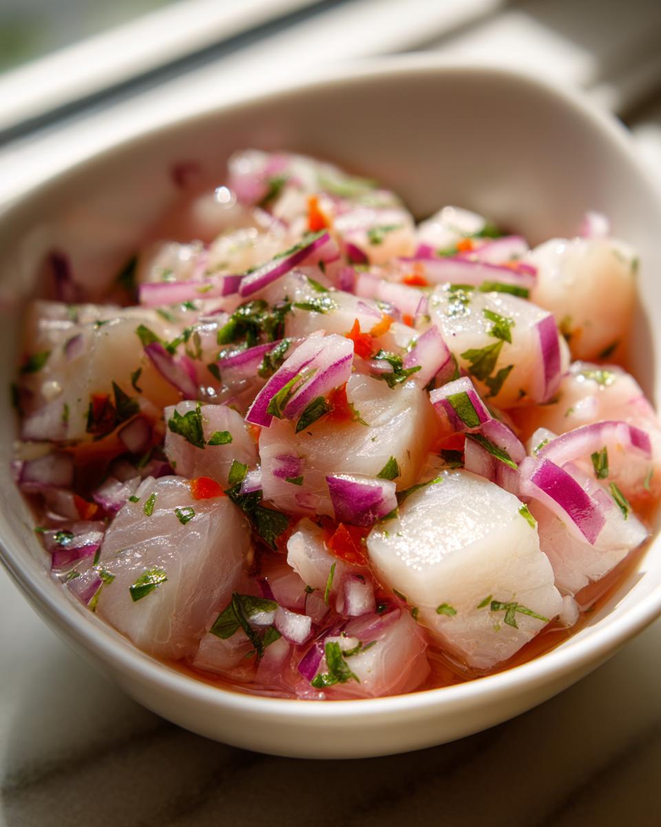 Bol blanco con ceviche peruano de pescado, cebolla morada y cilantro fresco