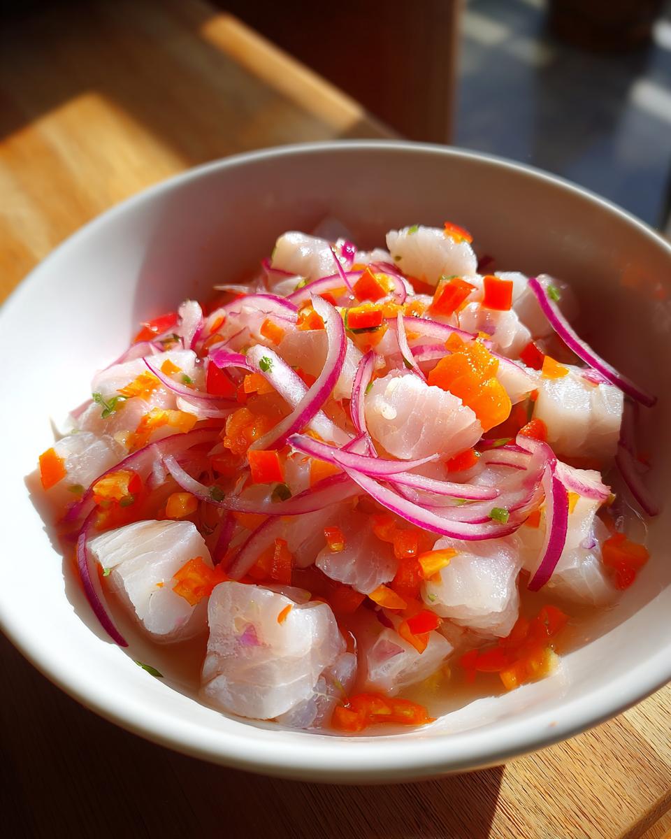 Bol de ceviche peruano con pescado blanco, cebolla morada y pimientos rojos