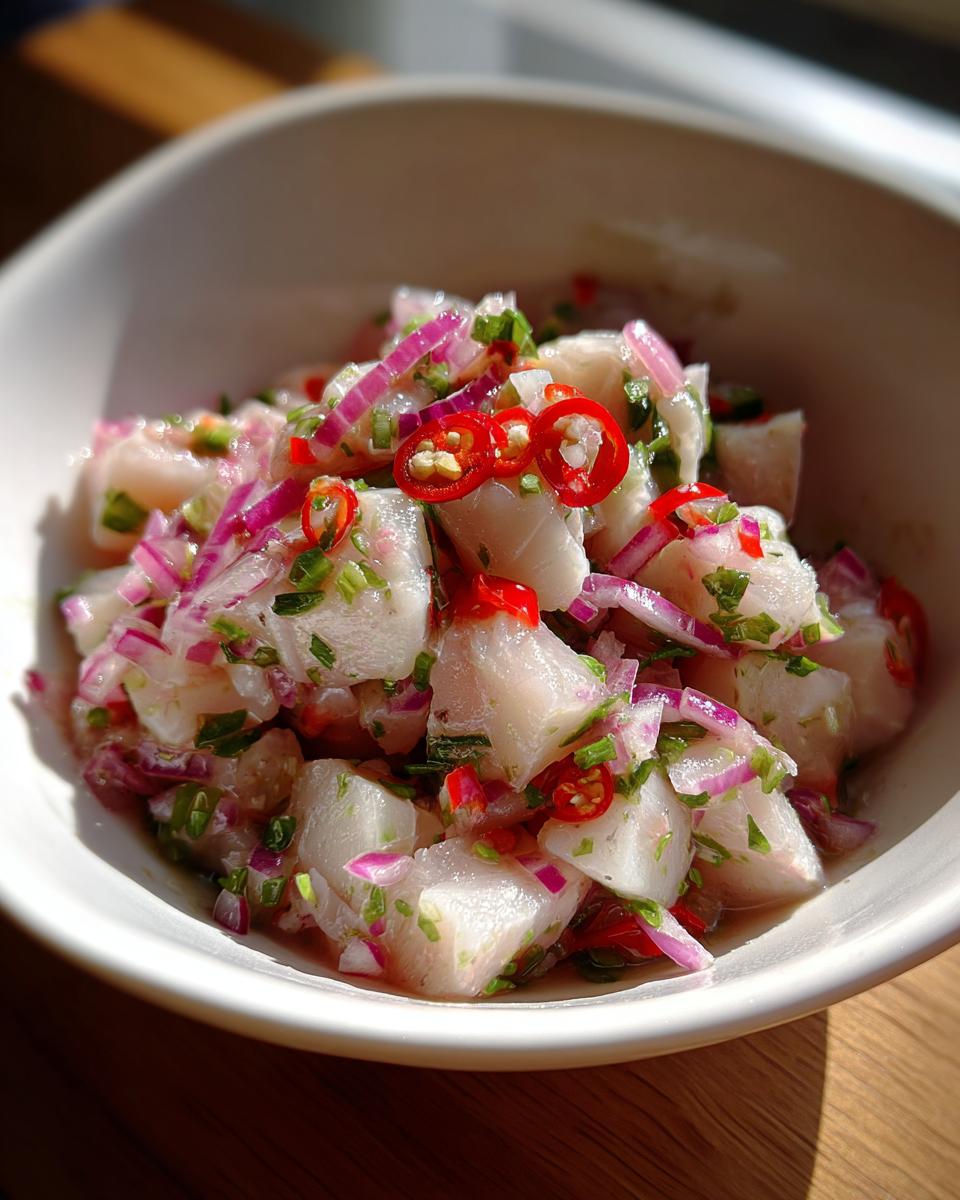 Ceviche peruano con pescado, cebolla morada y ají rojo en bol blanco