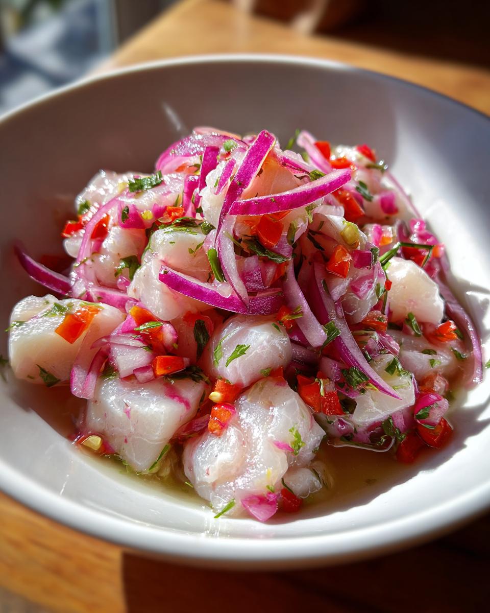 Plato de ceviche peruano con pescado, cebolla morada y ají picante