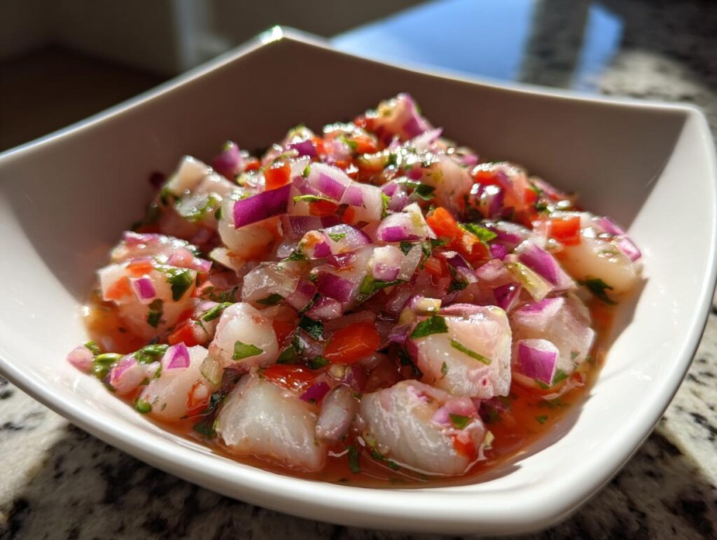 Plato blanco con ceviche peruano hecho de pescado, cebolla morada y cilantro