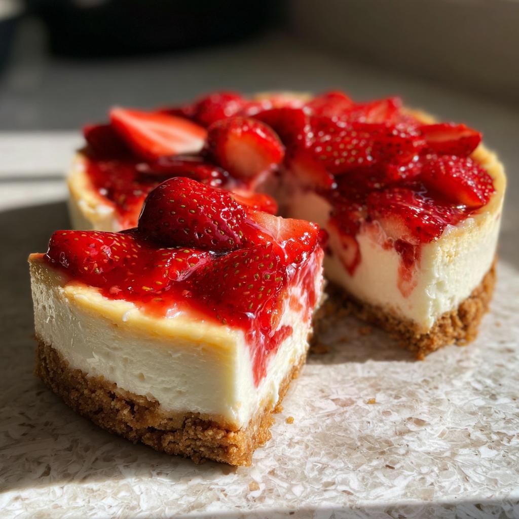 Porción de cheesecake de fresa sin horno con base de galleta y fresas frescas encima