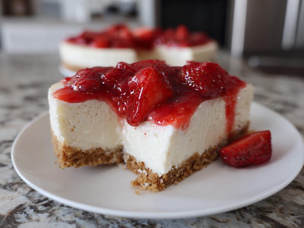 Porción de cheesecake de fresa sin horno con base de galleta y fresas frescas encima