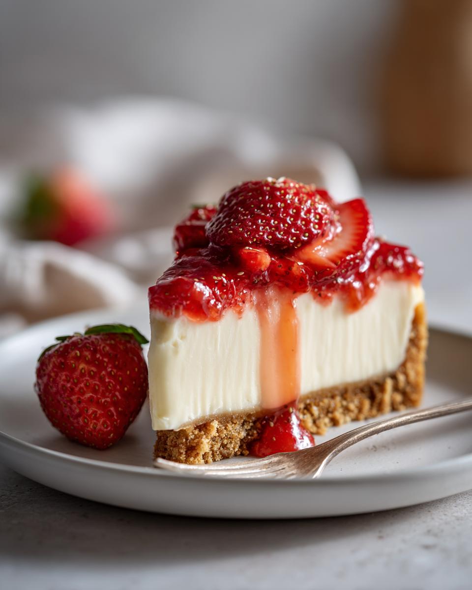 Porción de cheesecake de fresa sin horno con cobertura de fresas y base de galleta en plato blanco