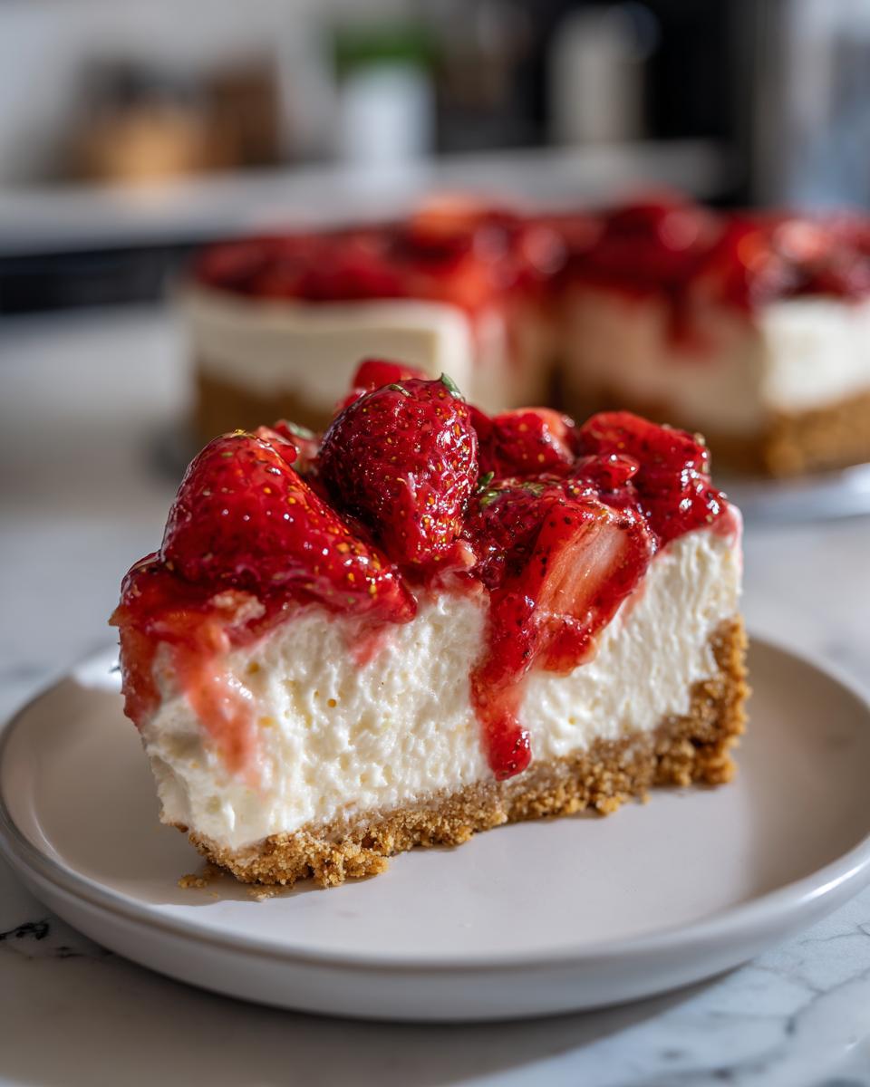 Porción de cheesecake de fresa sin horno con base de galleta y fresas frescas encima