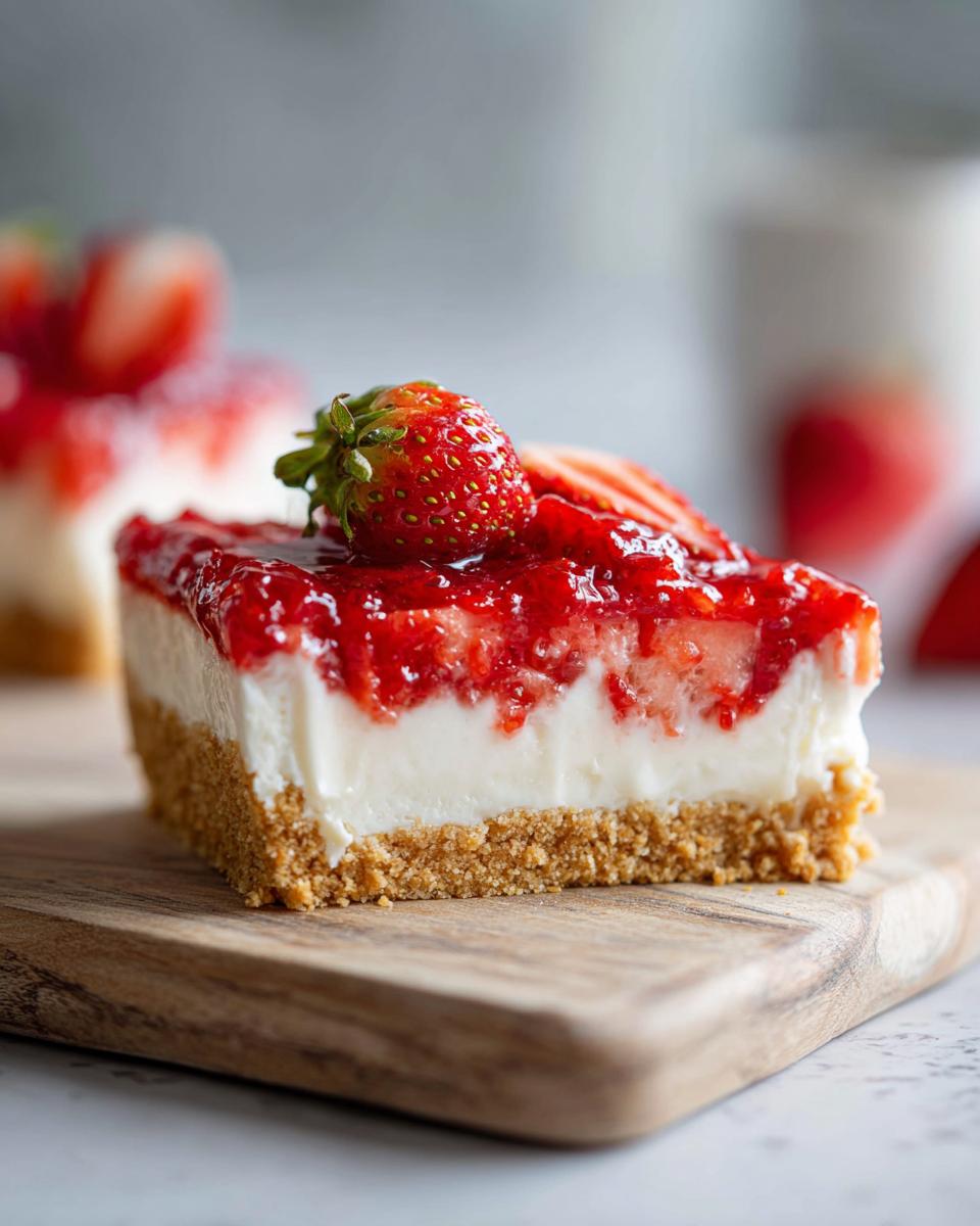 Porción de cheesecake de fresa sin horno con base de galleta y topping de fresas frescas