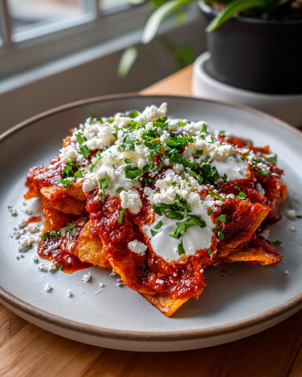 Plato de chilaquiles rojos cubiertos con crema, queso fresco y cilantro picado.