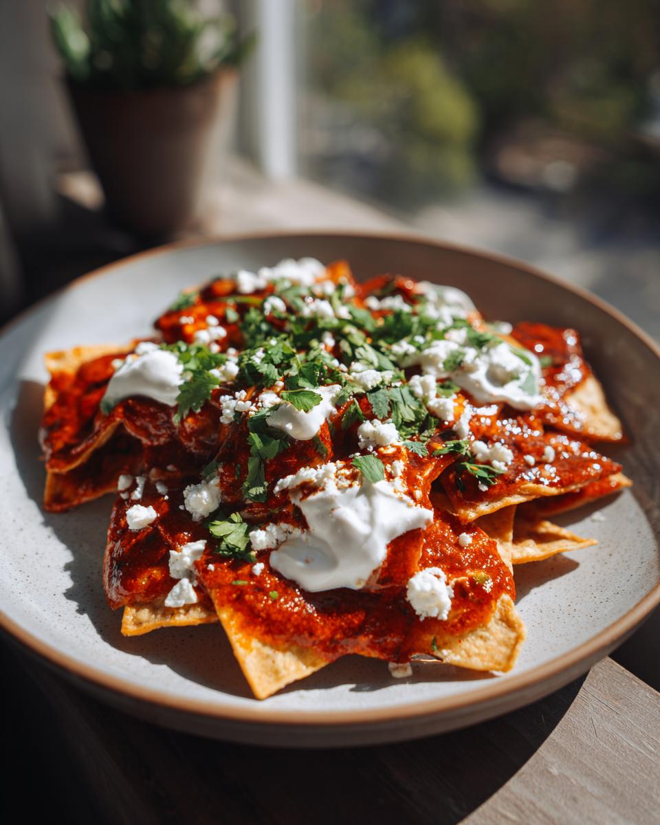 Plato de chilaquiles rojos con salsa, crema, queso fresco y cilantro fresco