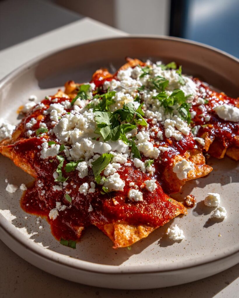 Plato de chilaquiles rojos cubiertos con queso fresco y cilantro fresco