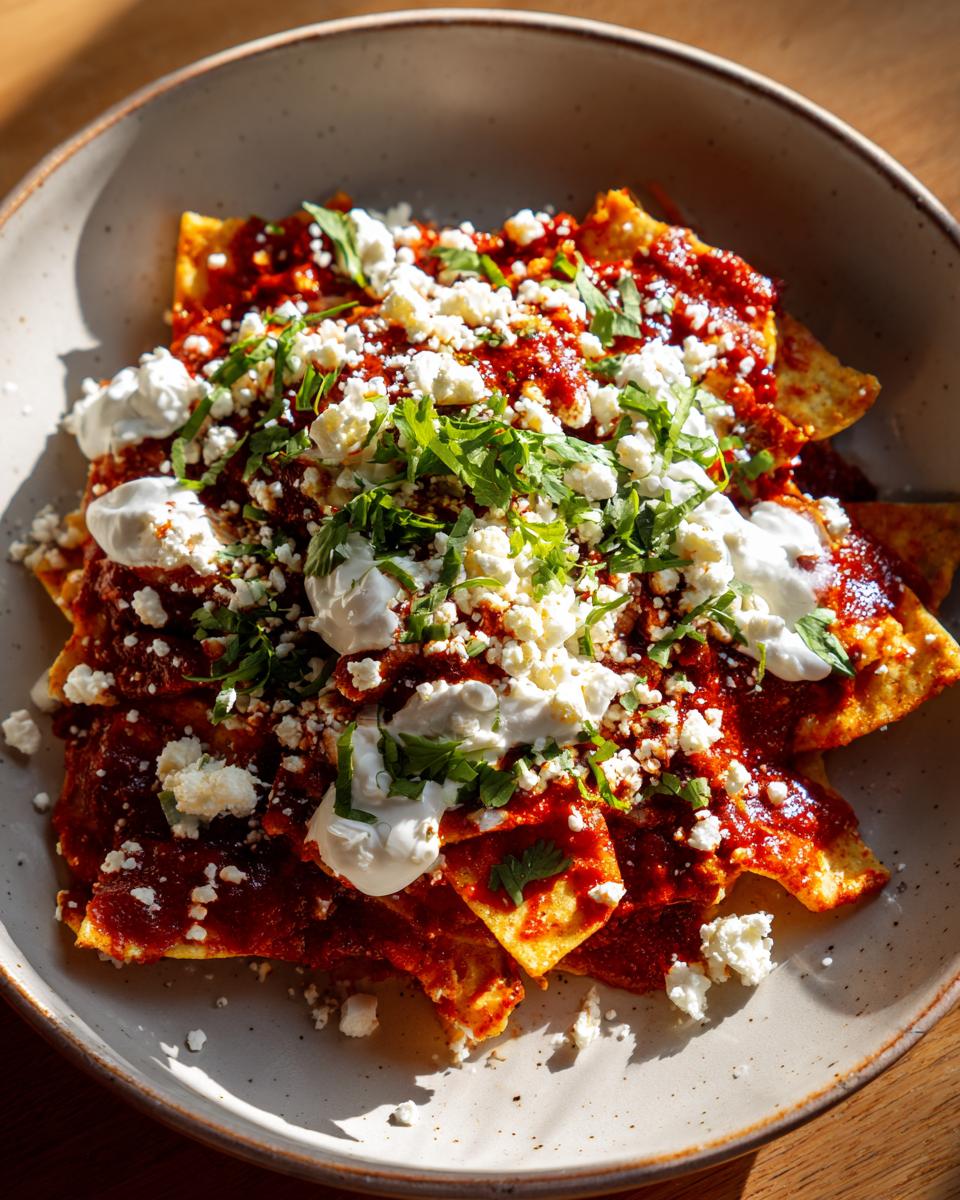 Plato de chilaquiles rojos cubiertos con queso fresco, crema y cilantro fresco.