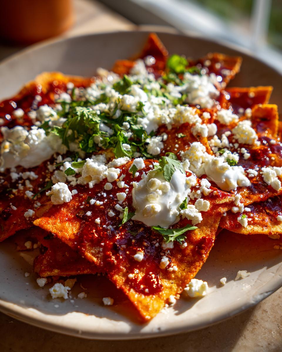 Plato de chilaquiles rojos cubiertos con queso fresco, crema y cilantro fresco.