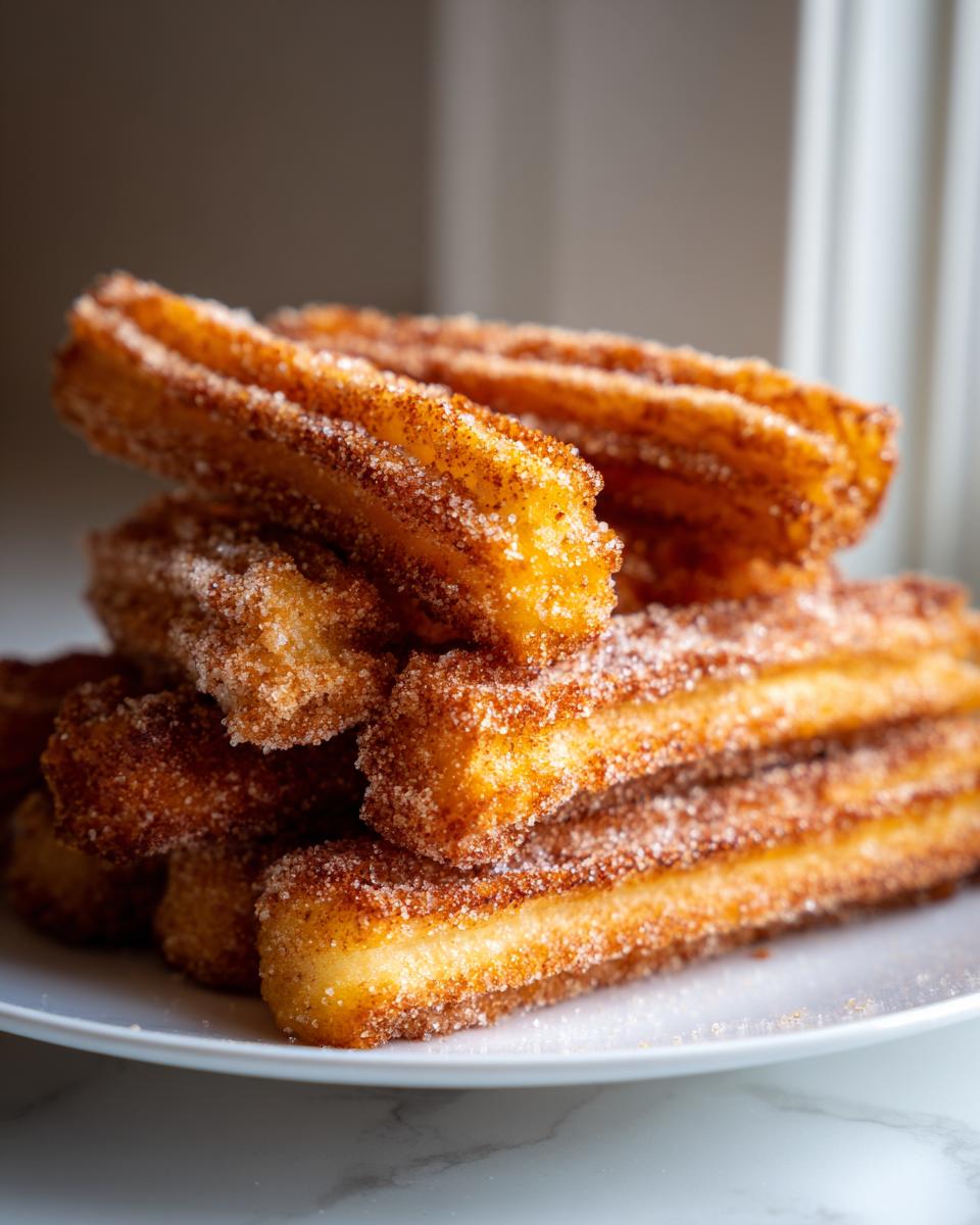 Montón de churros caseros cubiertos con azúcar y canela en un plato blanco.