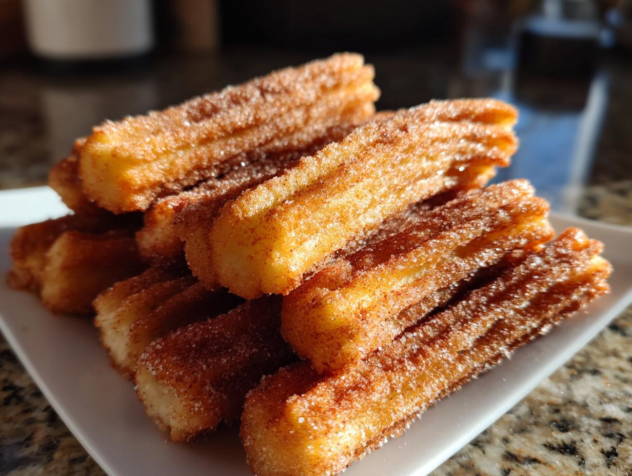 Plato con churros caseros cubiertos de azúcar y canela, apilados y dorados.