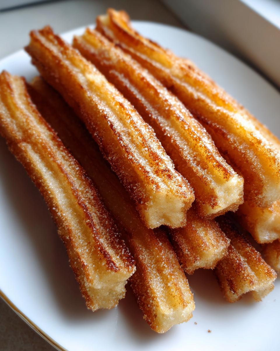Churros caseros dorados y crujientes espolvoreados con azúcar en un plato blanco.