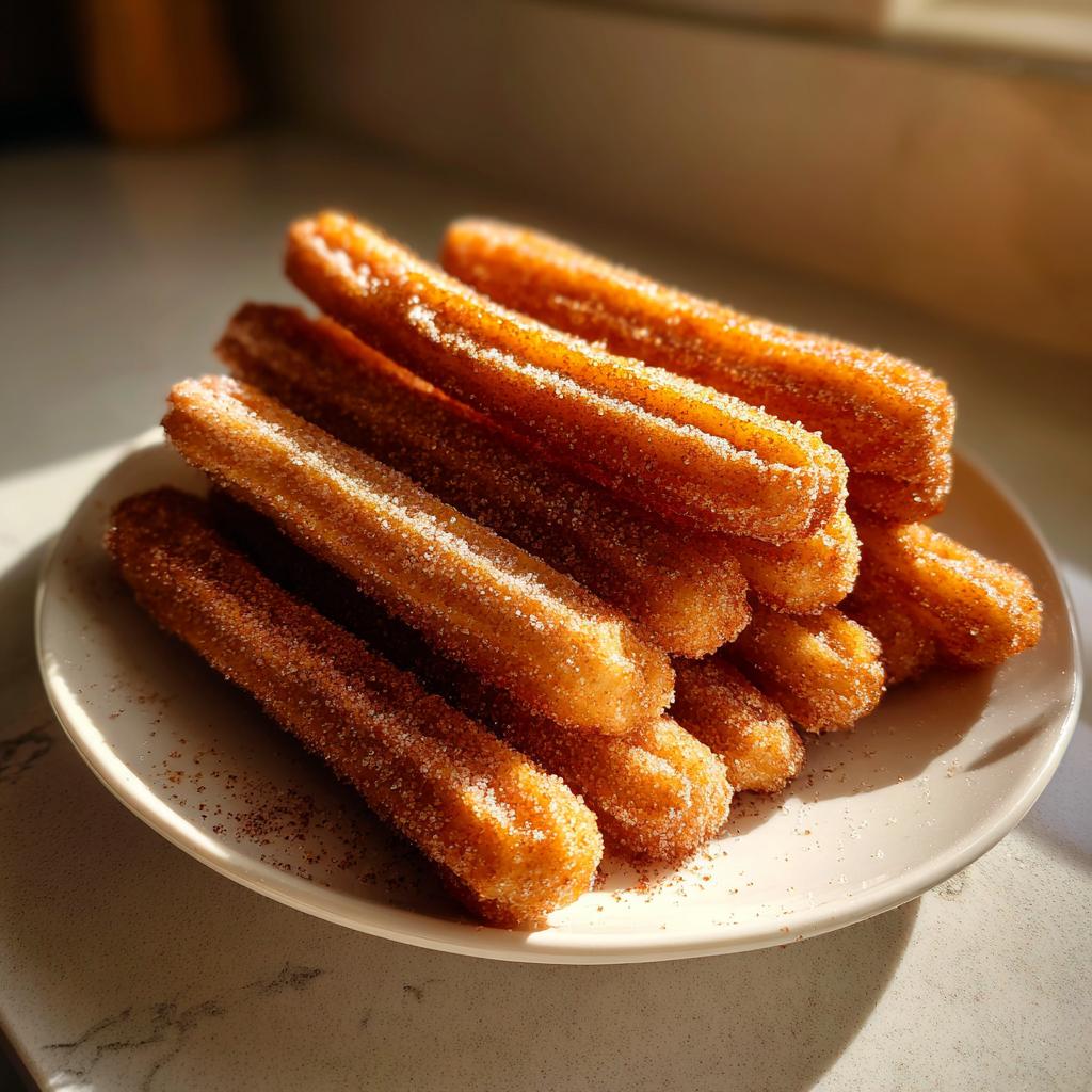 Plato con churros caseros dorados cubiertos de azúcar y canela al sol.