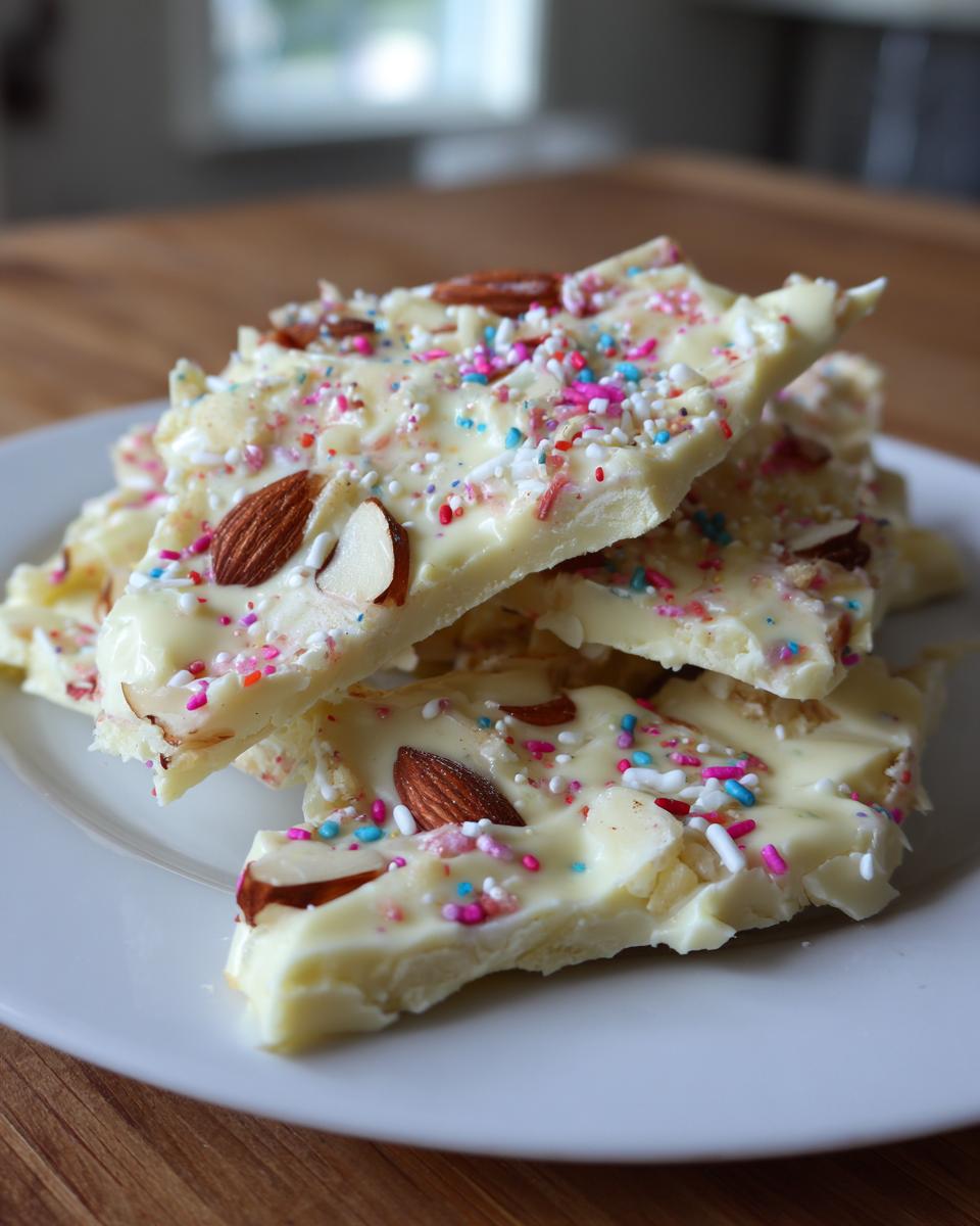 Trozos de corteza de chocolate blanco con toppings de almendras y confites coloridos en un plato blanco.