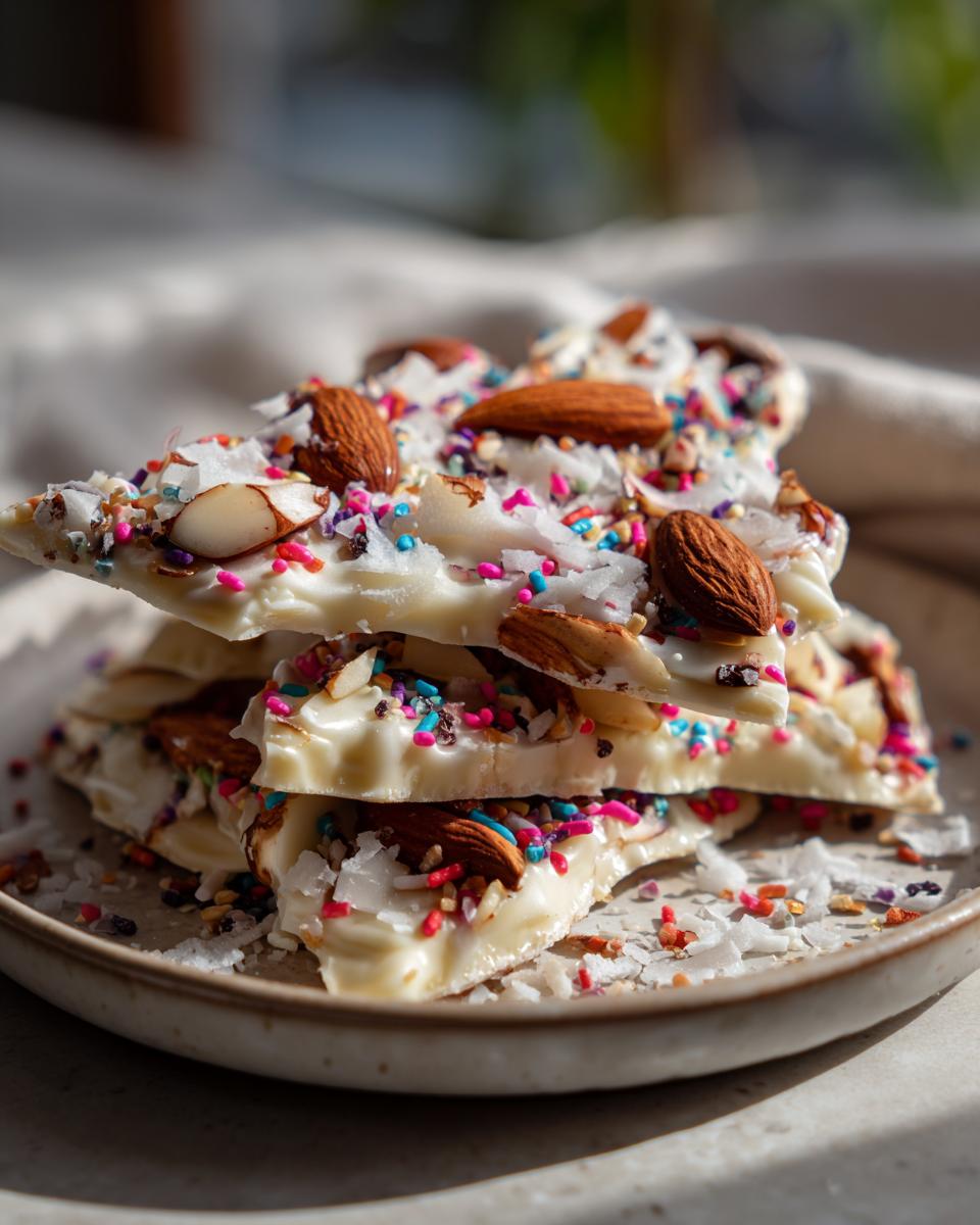 Pedazos de corteza de chocolate blanco con toppings de almendras y confites de colores.