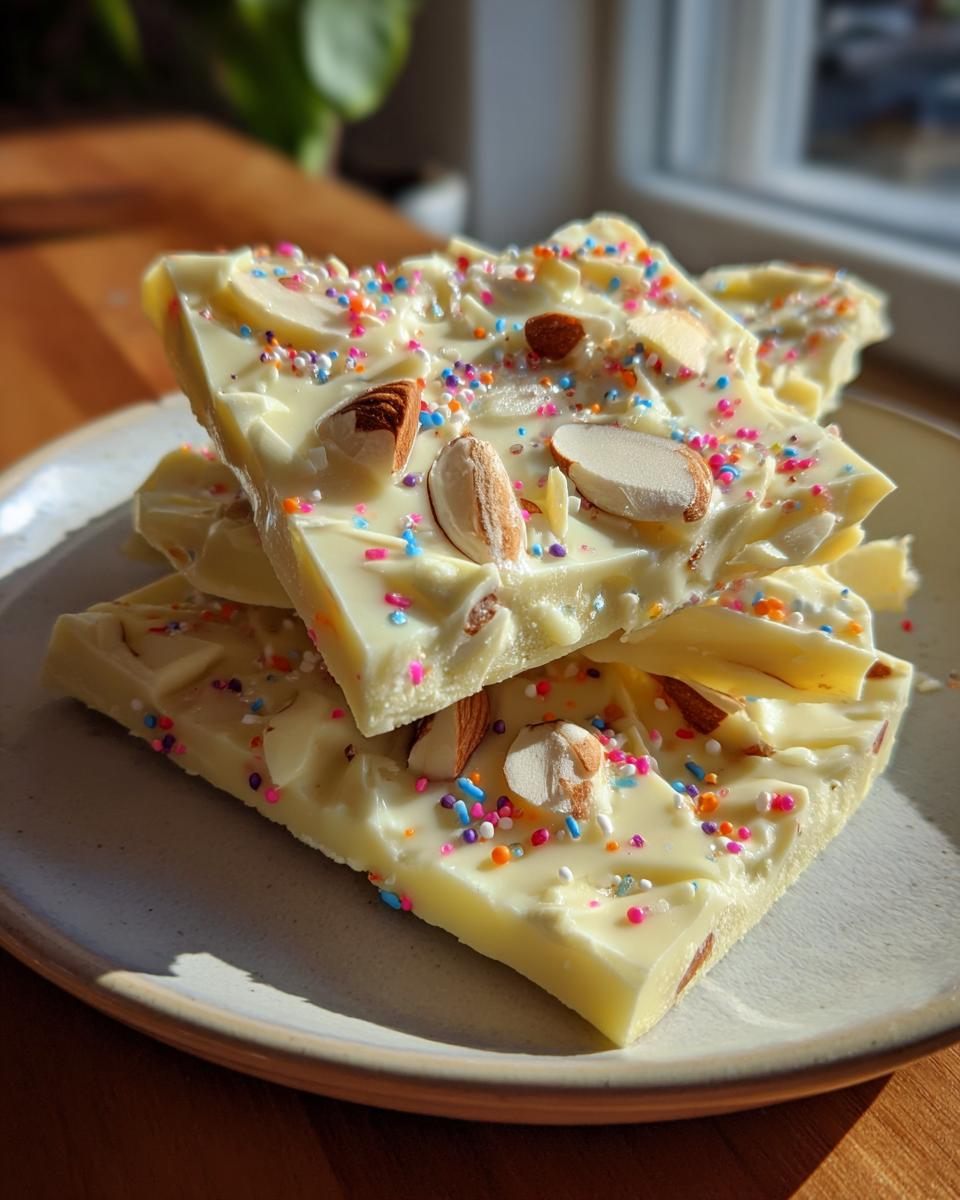 Piezas de corteza de chocolate blanco con toppings de almendras y confites de colores.