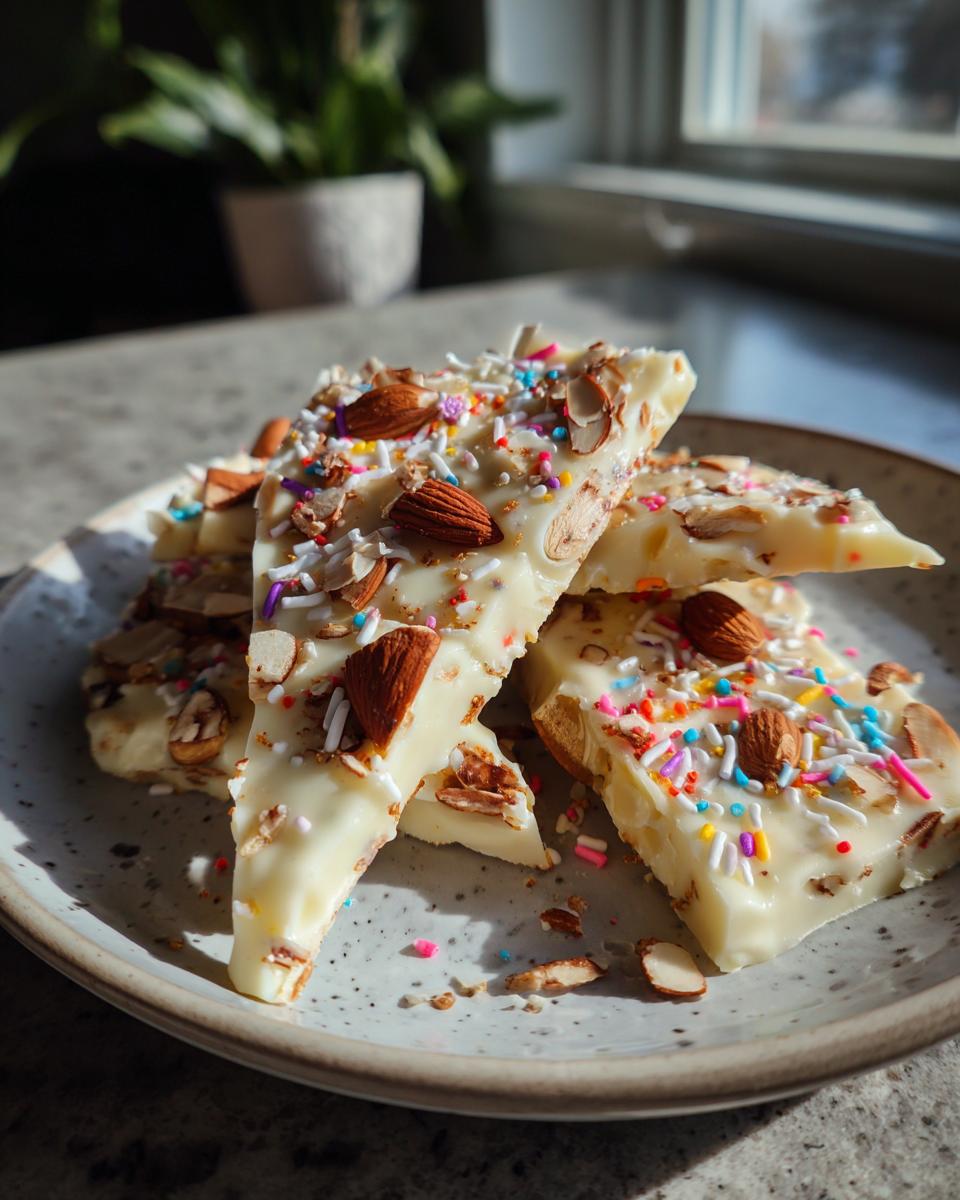 Trozos de corteza de chocolate blanco con toppings de almendras y confites coloridos en un plato.