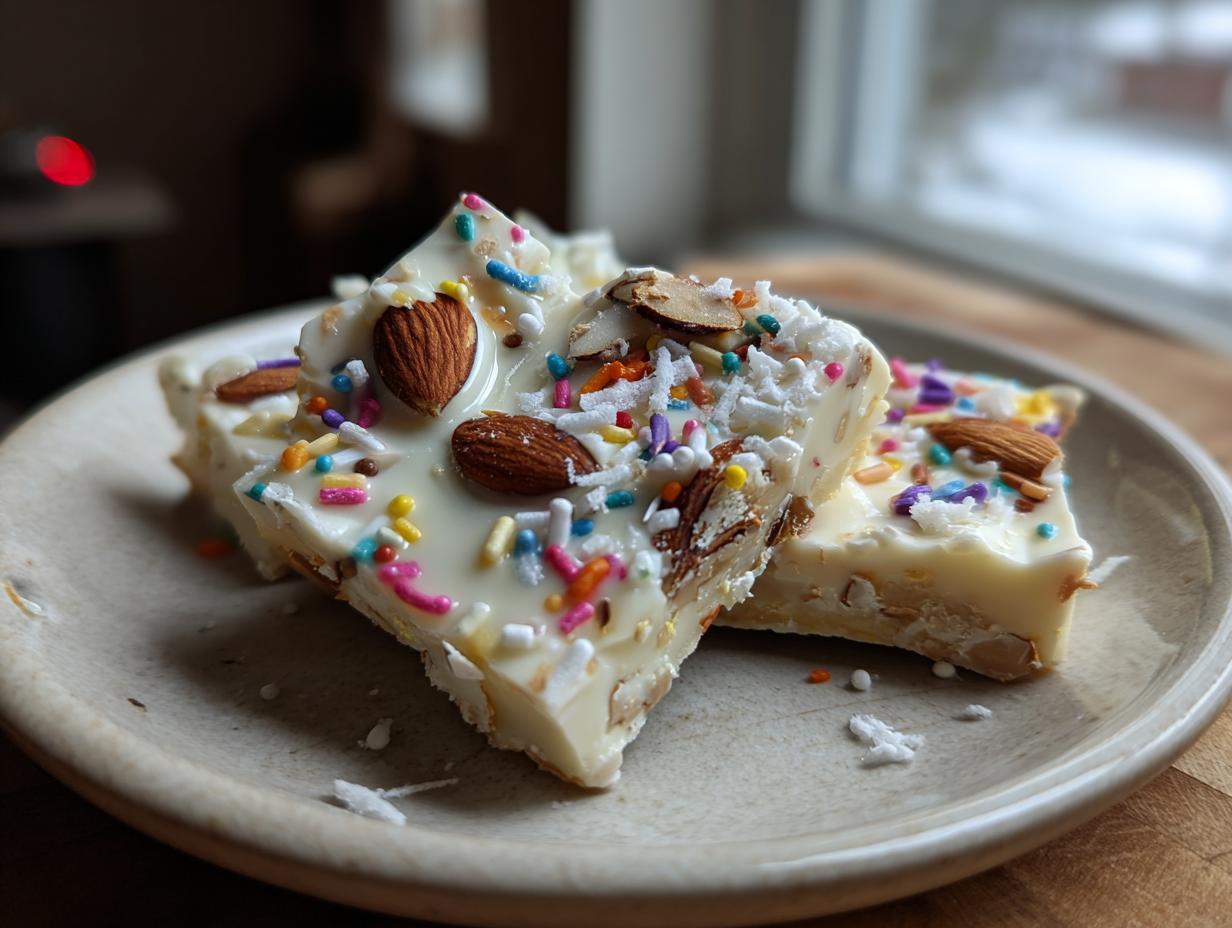 Pedazos de corteza de chocolate blanco con toppings coloridos y almendras en un plato beige.
