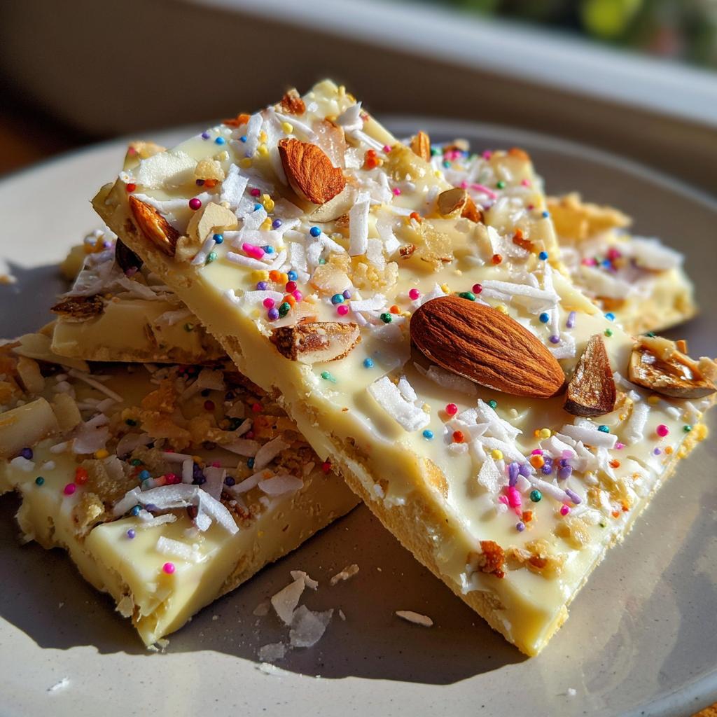 Trozos de corteza de chocolate blanco con toppings de almendras, coco rallado y confites de colores.