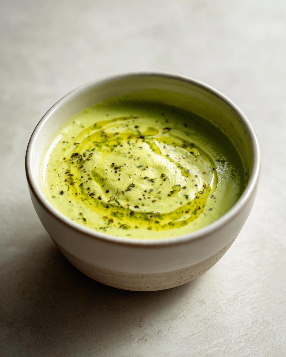 Bol con crema de calabacín ligera verde, decorada con aceite y pimienta negra