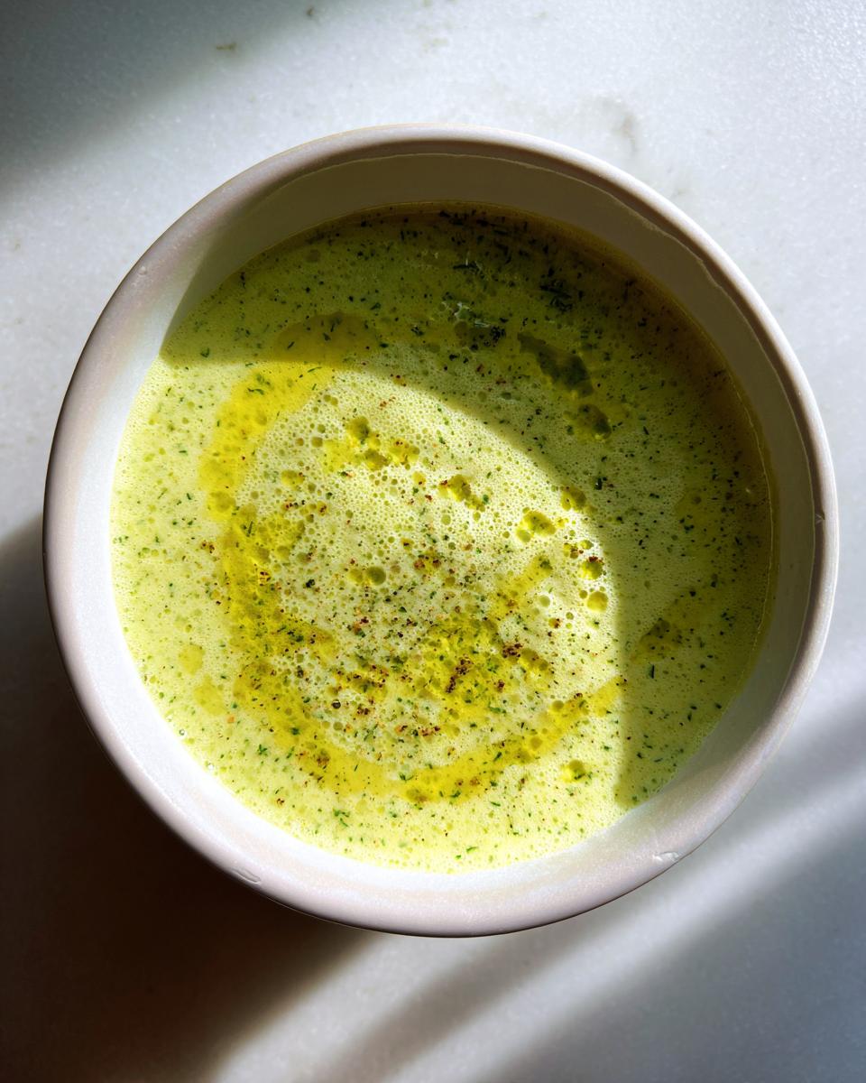 Bol blanco con crema de calabacín ligera decorada con aceite y especias