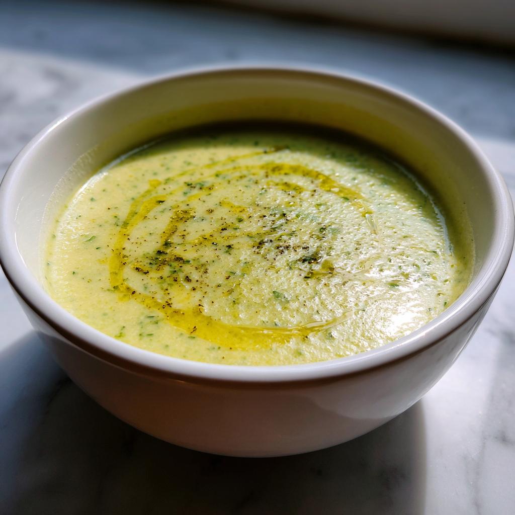 Tazón blanco con crema de calabacín ligera decorada con un hilo de aceite y pimienta.