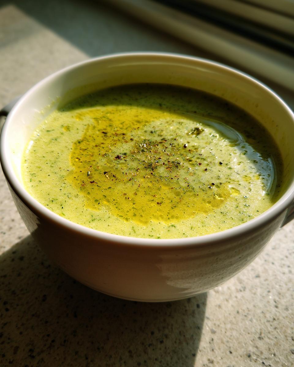 Tazón blanco con crema de calabacín ligera verde, aceite de oliva y pimienta negra.