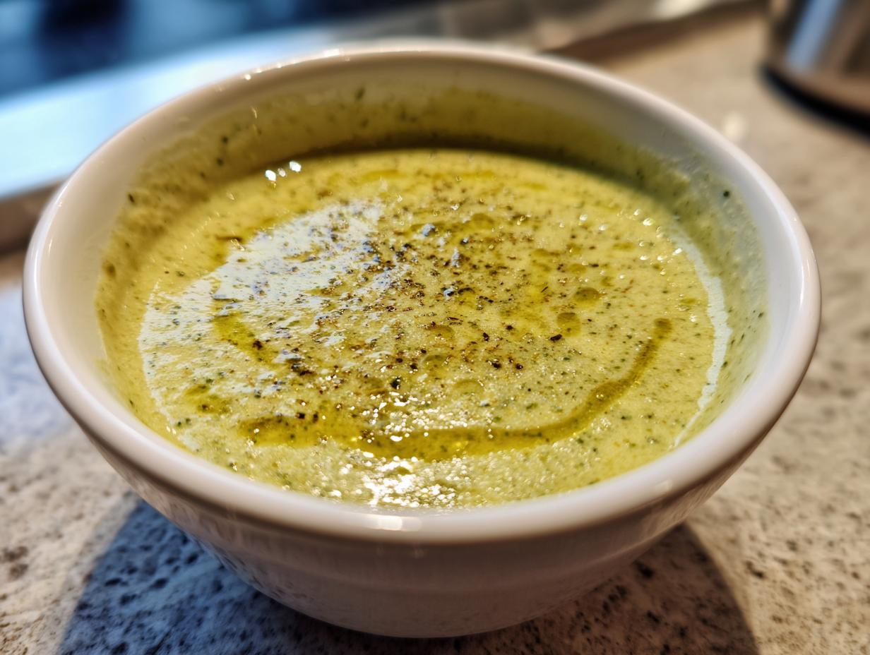 Tazón blanco con crema de calabacín ligera decorada con aceite y pimienta