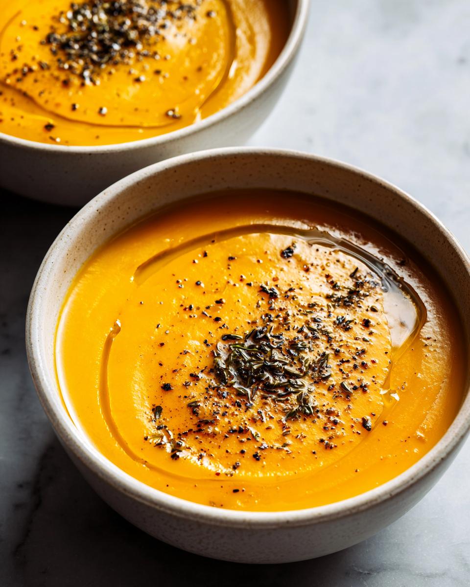 Tazones con crema de calabaza cremosa decorada con especias y aceite