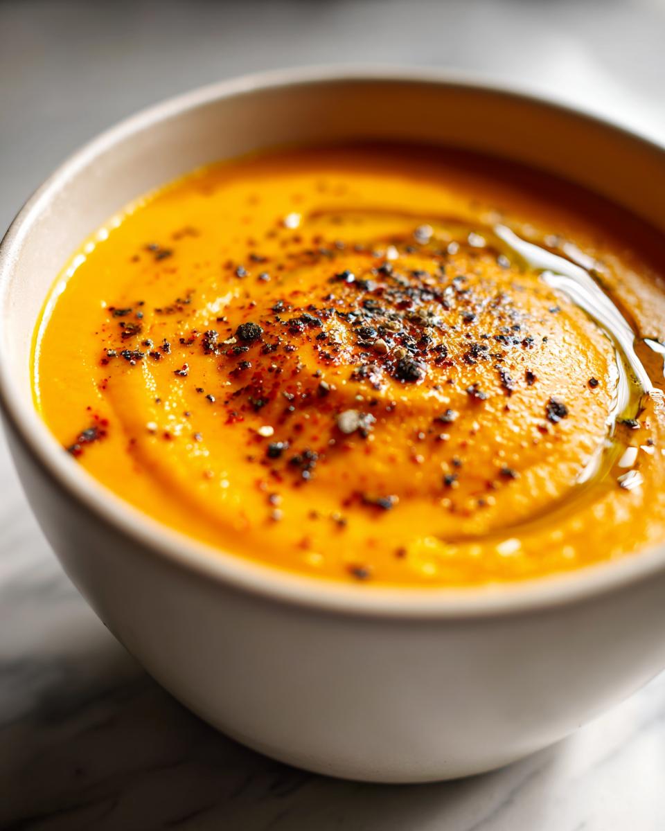 Tazón blanco con crema de calabaza espesa decorada con especias y aceite