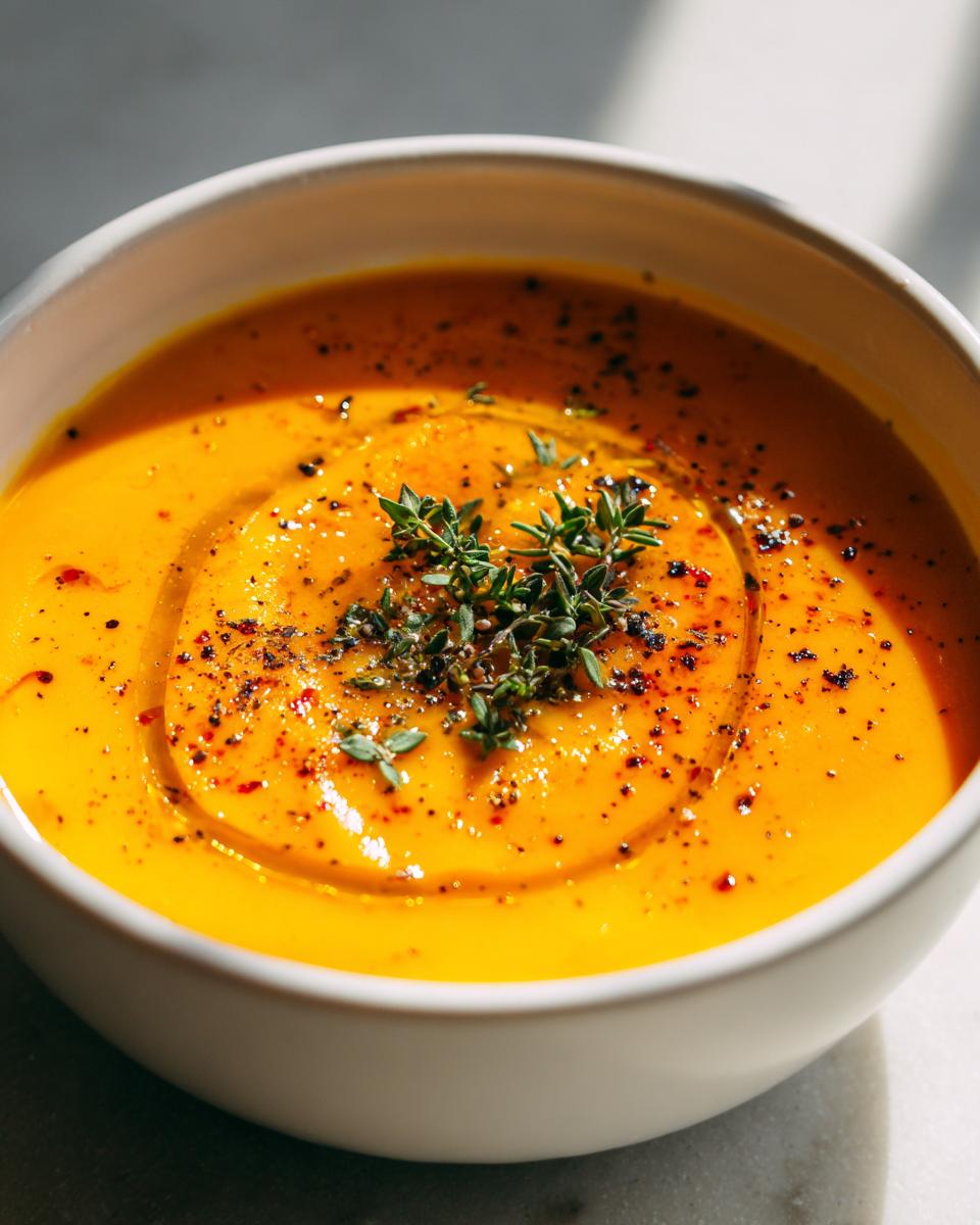 Tazón blanco con crema de calabaza decorada con hierbas frescas y pimienta negra molida