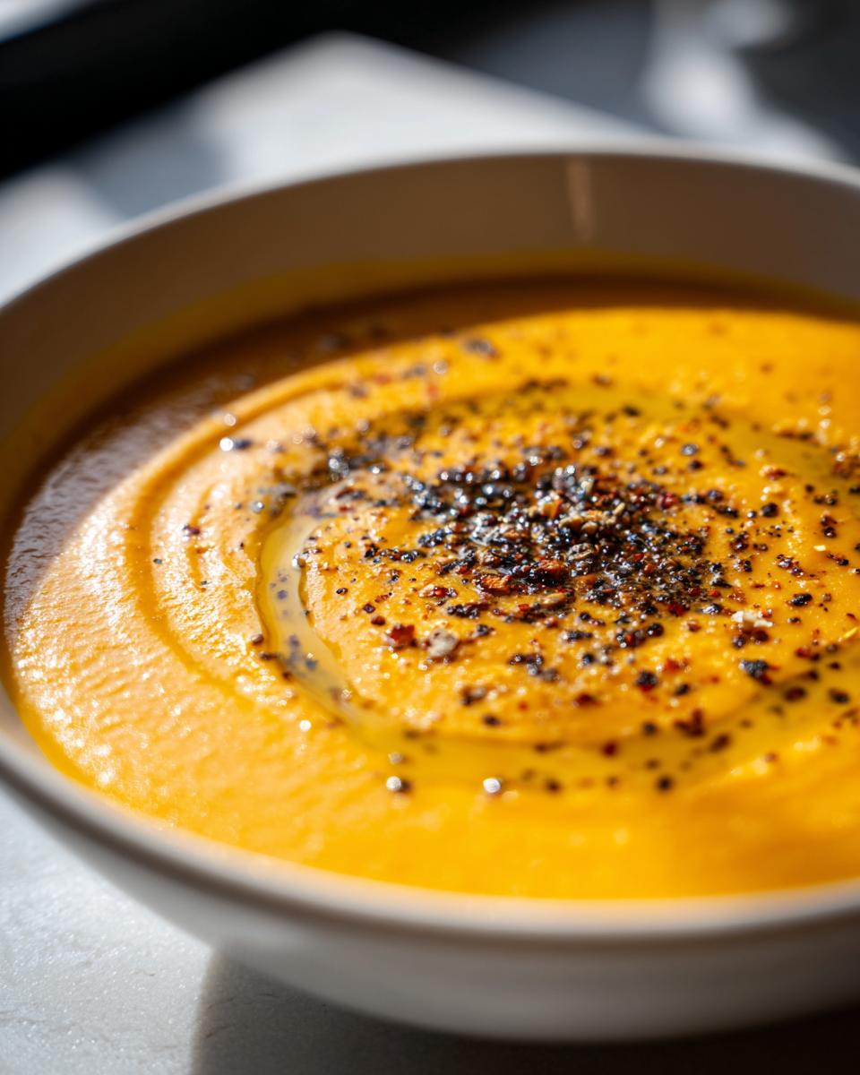 Tazón de crema de calabaza con pimienta negra molida y un chorrito de aceite de oliva