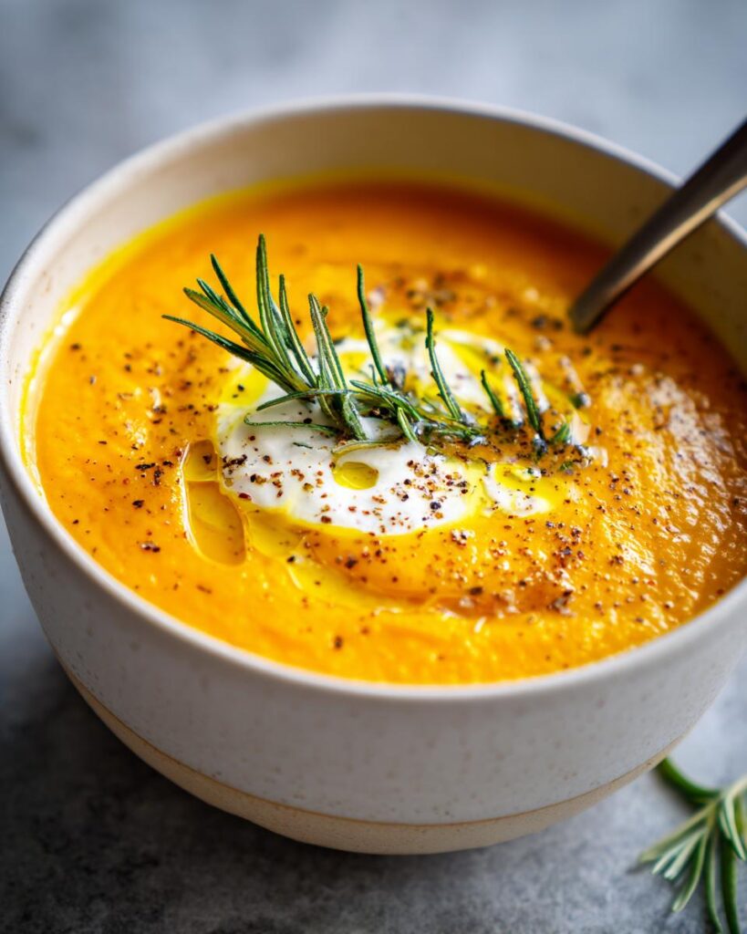 Tazón de crema de calabaza con crema, aceite y ramita de romero