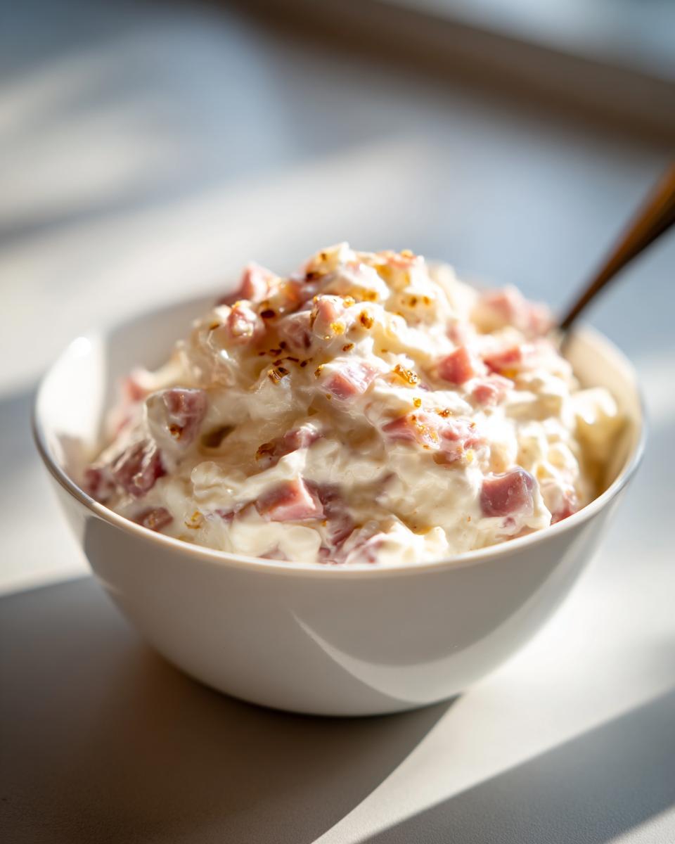 Bol blanco con crema espesa y trozos de jamón, ideal para aperitivos fríos para llevar